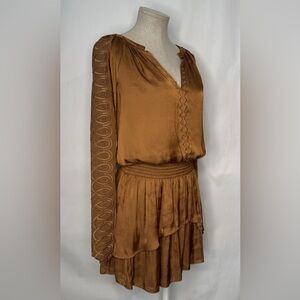 EUC Ramy Brook Smocked Metallic Mini Carmel Gathered Dress. Retail $548